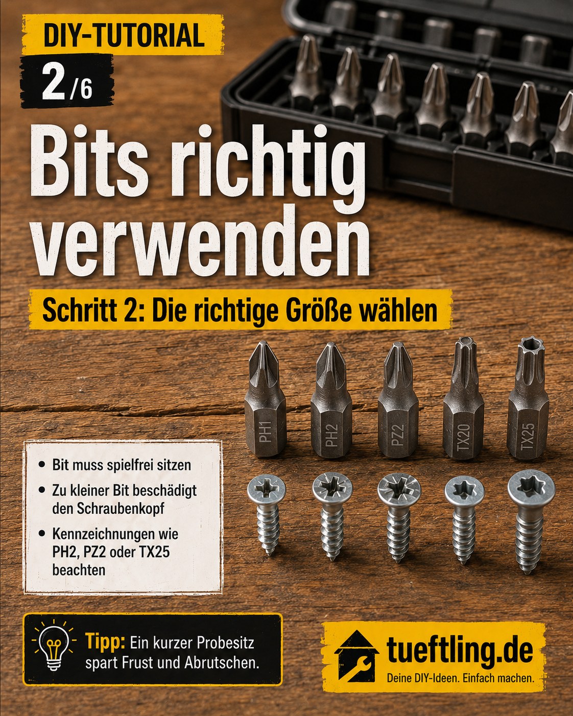 Verschiedene Bitgrößen wie PH2, PZ2 und TX20 neben passenden Schrauben für den Akkuschrauber