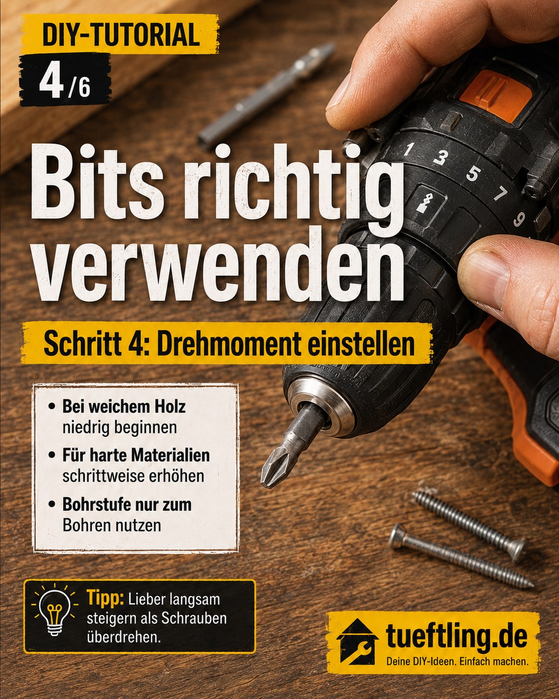 Drehmoment-Einstellring am Akkuschrauber wird vor dem Schrauben auf die passende Stufe gestellt