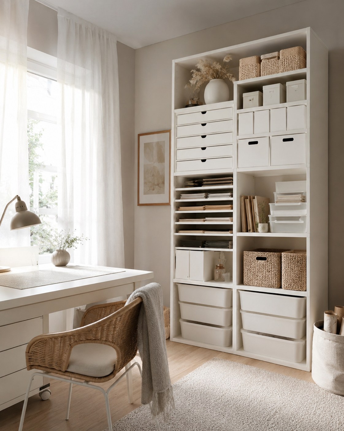Modulares weißes Wandregal mit Boxen und Schubladen als Bastelzimmer Organisation Idee