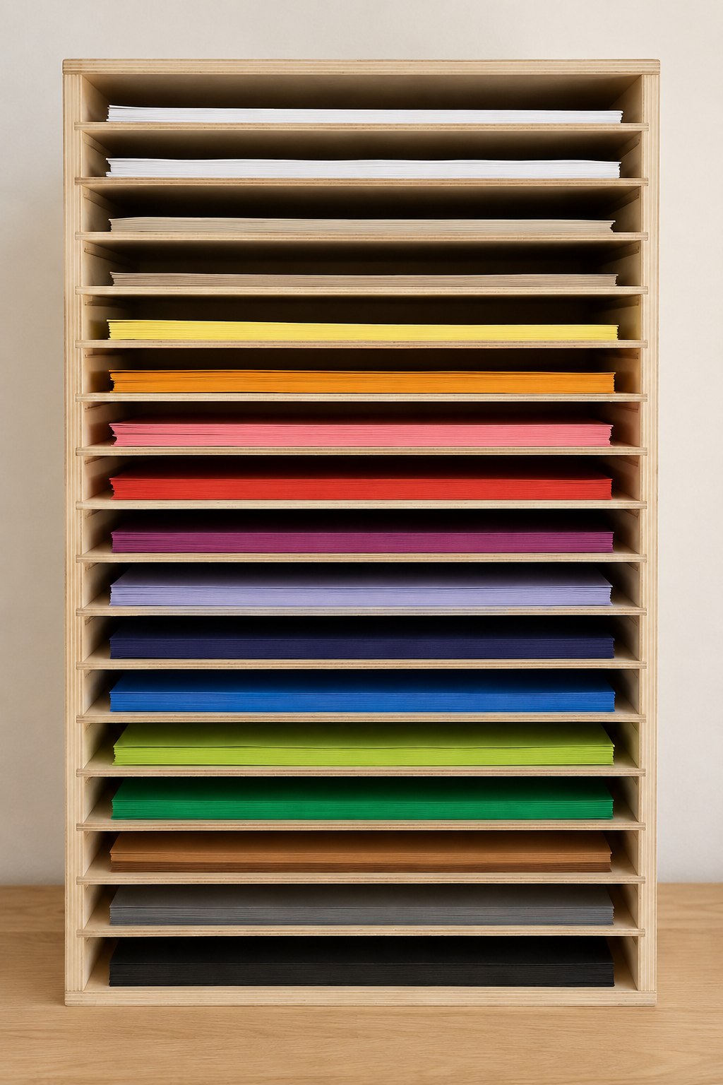Hölzerner Papierorganizer mit senkrechten Fächern für farbiges Bastelpapier