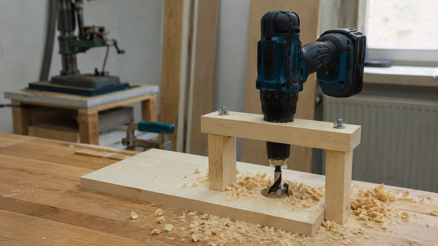 Einfacher zweibeiniger Holzjig hält die Akku-Bohrmaschine senkrecht über dem Werkstück