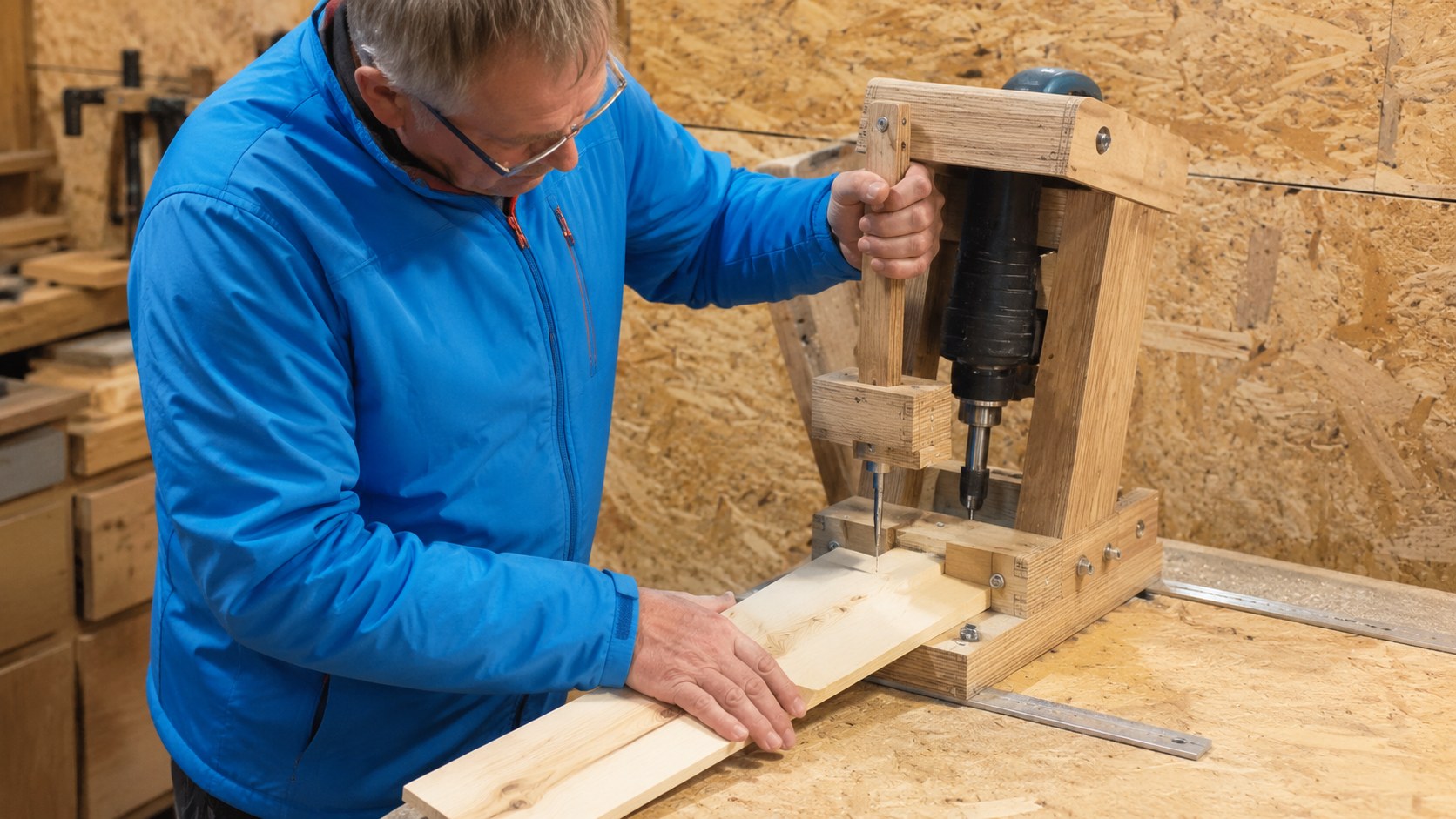 Handwerker führt ein Brett in einen stabilen selbstgebauten Holz-Bohrständer an der Werkbank