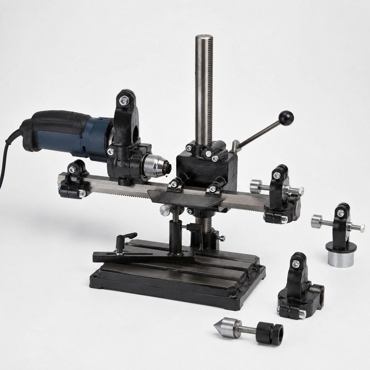 Profi-Bohrständer mit Kreuzschiene, Reitstock und Zubehör für horizontales Bohren und Drechseln