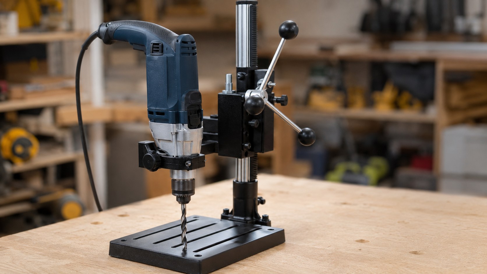 Klassischer Metall-Bohrständer mit Chromsäule hält die Bohrmaschine gerade in der Werkstatt
