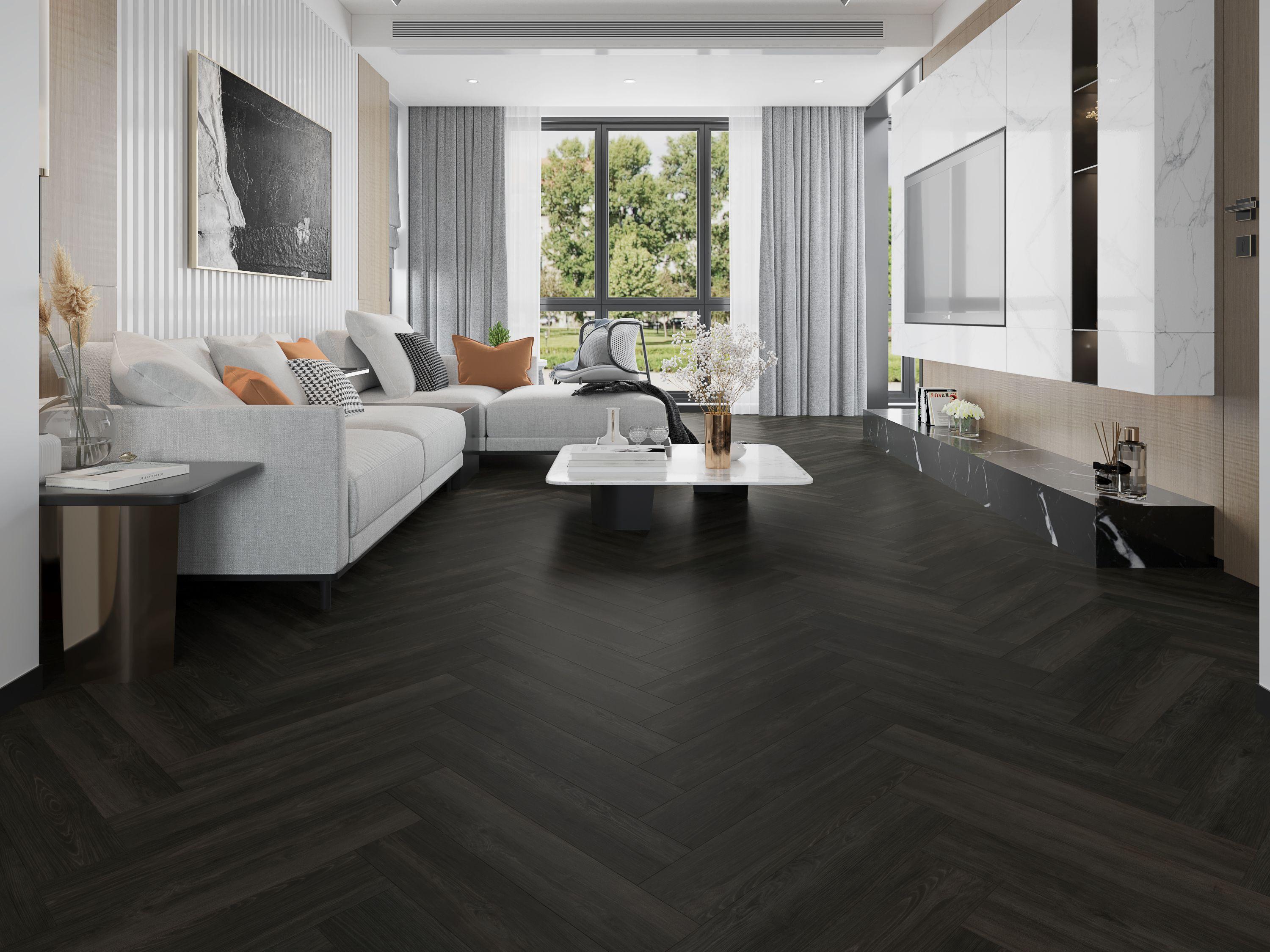 Dunkler Fischgrät Vinylboden elegantes Interieur