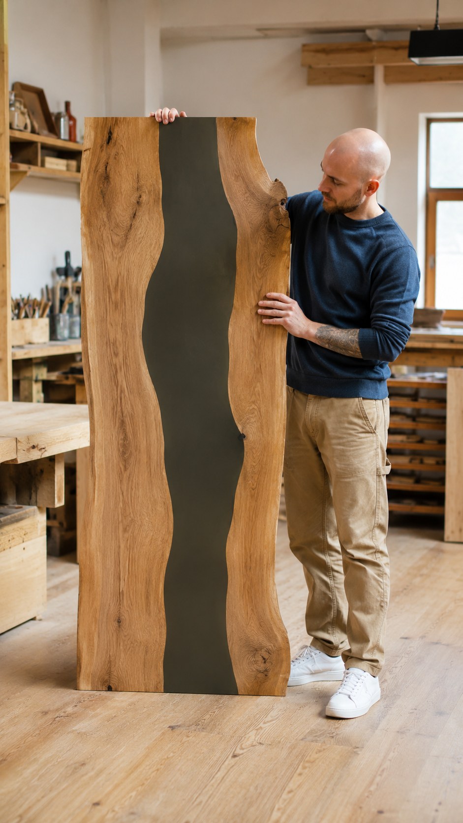 Eine massive Eichenplatte mit grauer Epoxidharz-Fuge steht als aufwendige Holz versiegeln Methode in der Werkstatt.