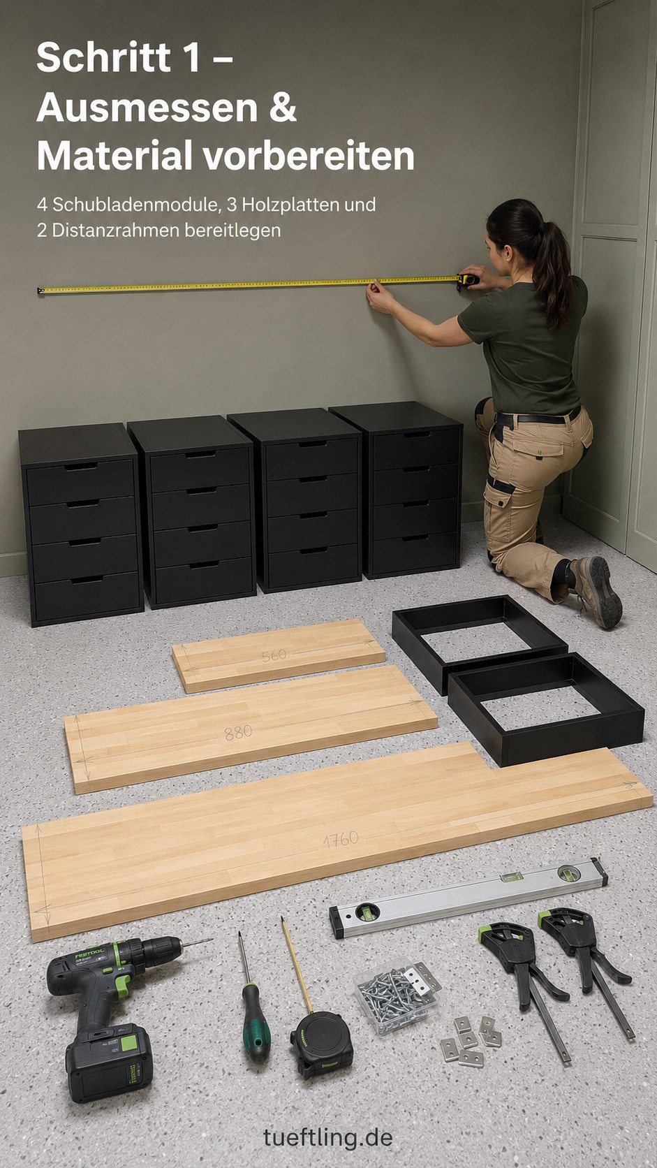 Material für den IKEA Hack Werkbank mit Sitzbank liegt bereit: NORDLI-Module, Holzplatten und Werkzeug