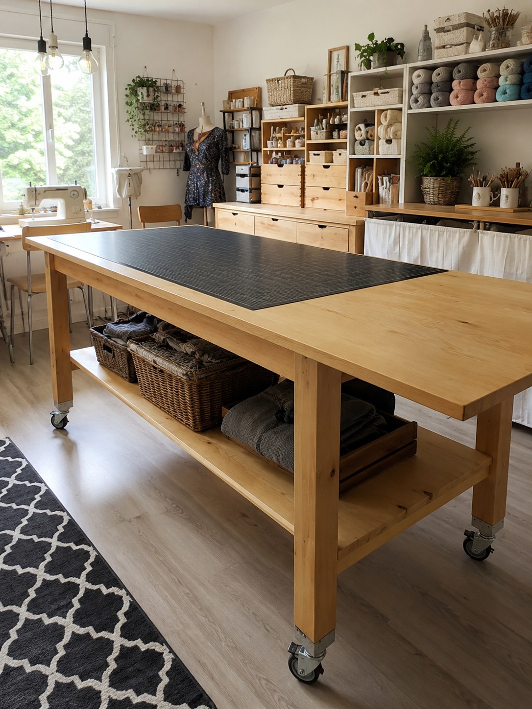 Massivholz-Nähtisch mit Schneidematte und offenem Regalboden als robuste Werkbank-Variante fürs Nähzimmer