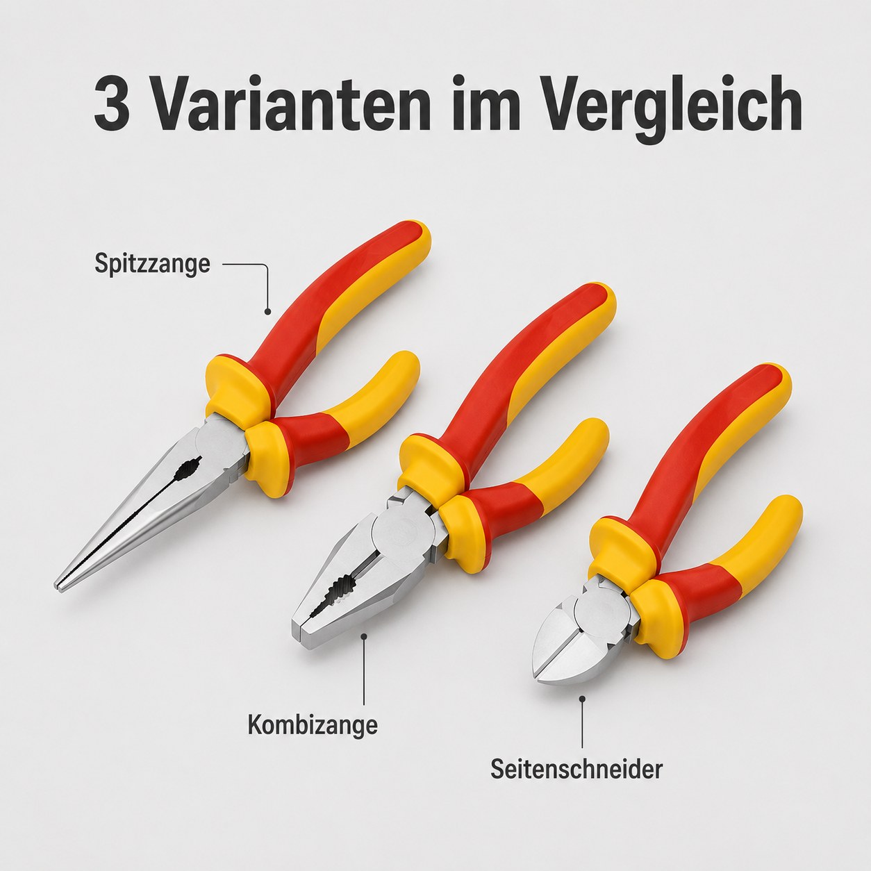Drei Zangen-Varianten im Vergleich: Spitzzange, Kombizange und Seitenschneider nebeneinander
