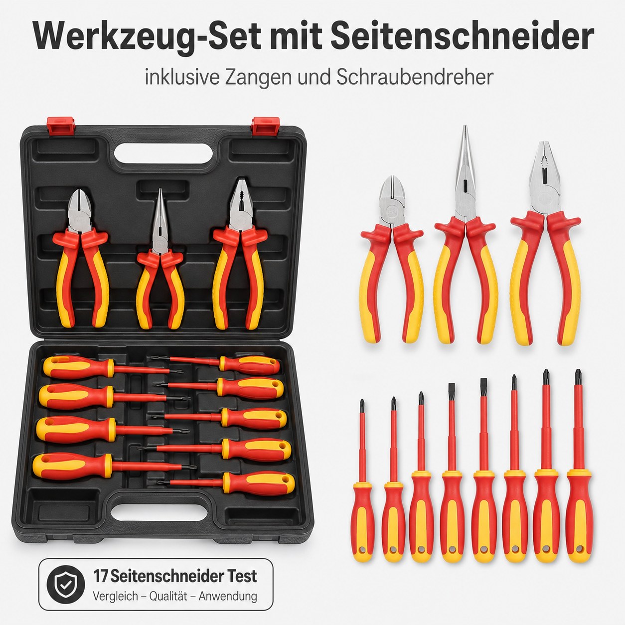 Werkzeug-Set mit Seitenschneider, Zangen und Schraubendrehern im Koffer für die Werkstatt