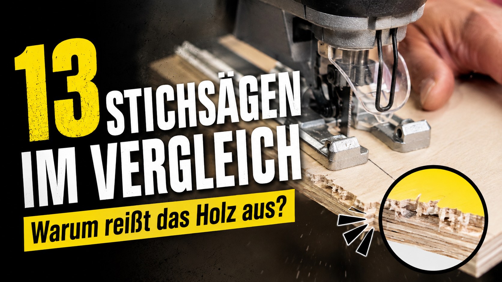 Nahaufnahme von Ausrissen am Sperrholz nach dem Schnitt mit der Stichsäge