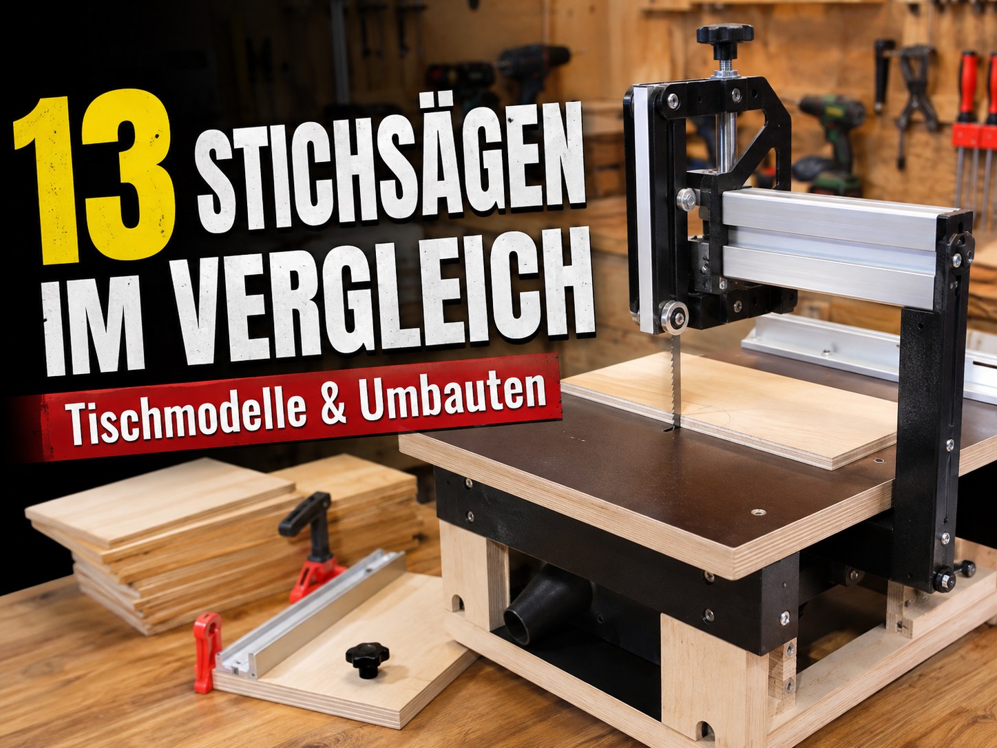 Umgebaute Stichsägen-Tischlösung mit Aluminium-Anschlag und Spannzwingen