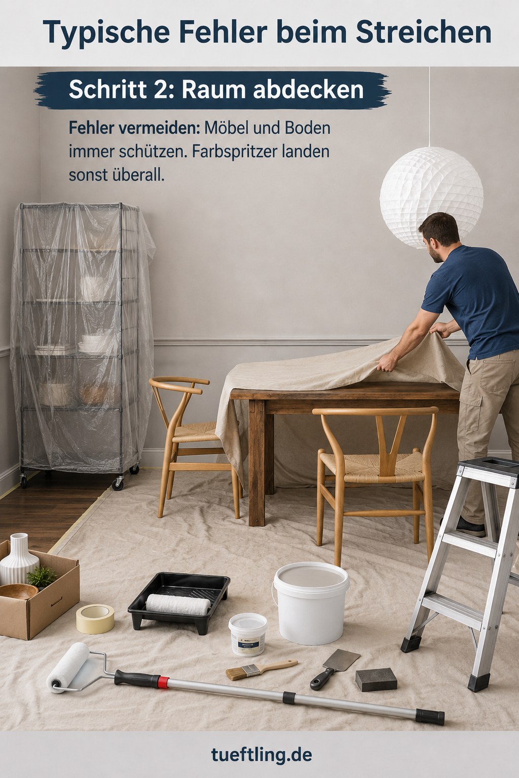 Möbel und Boden werden vor dem Streichen sorgfältig abgedeckt, ein typischer Fehler beim Streichen wird so vermieden