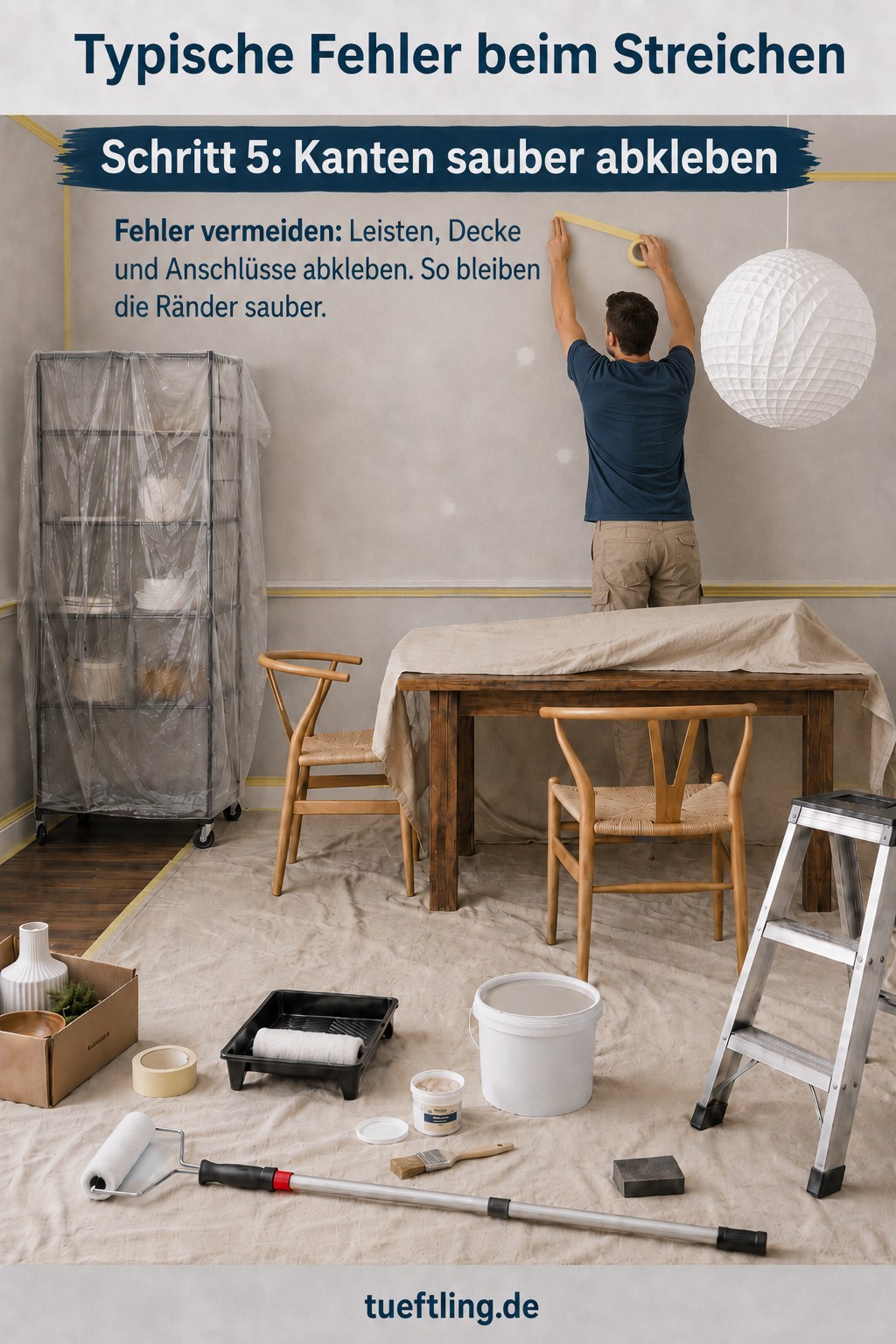 Leisten und Anschlüsse werden mit Malerkrepp abgeklebt, um Fehler beim Streichen an den Kanten zu vermeiden