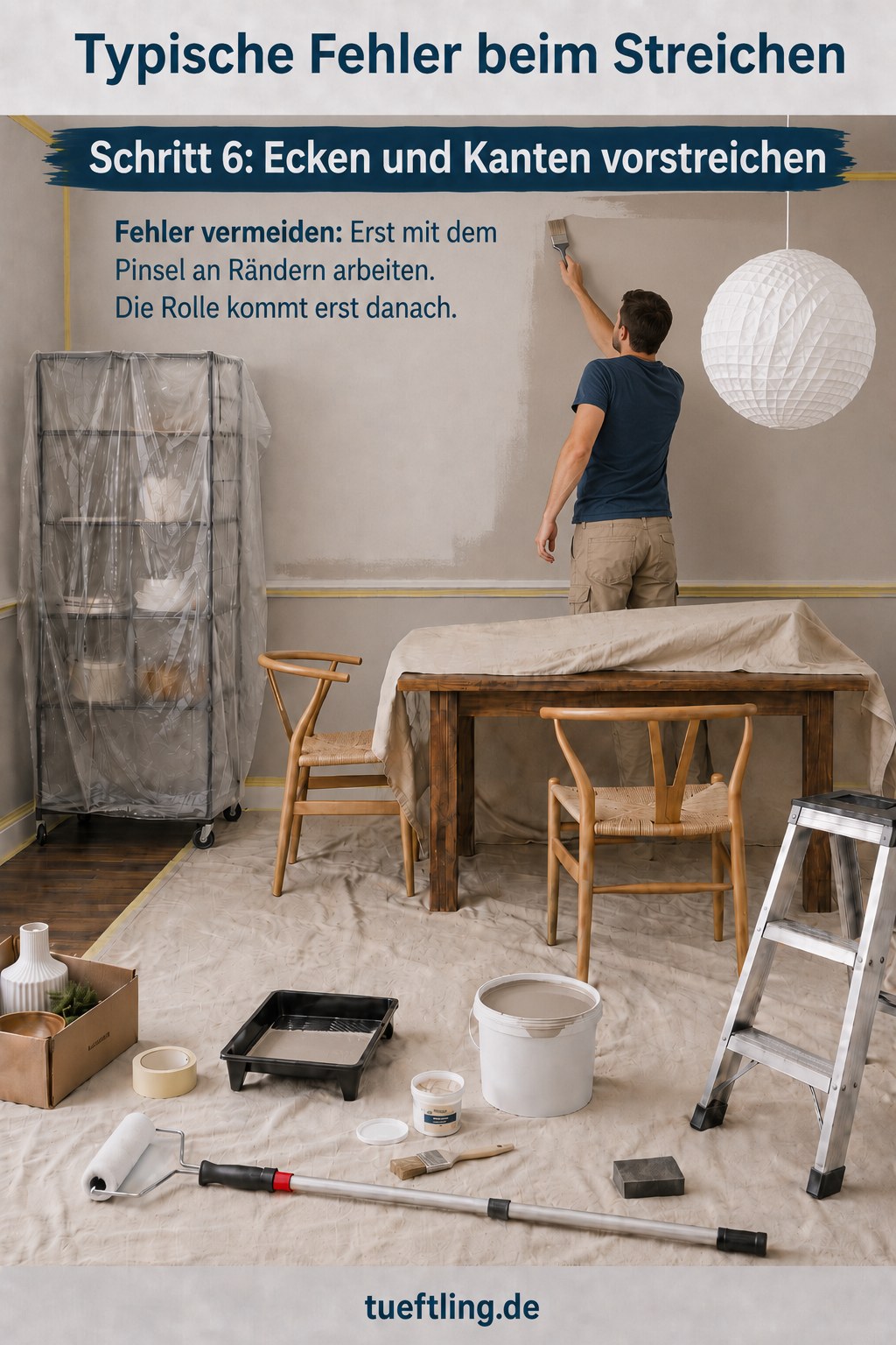 Ecken und Kanten werden vor dem Rollen mit dem Pinsel vorgestrichen, ein Trick gegen typische Fehler beim Streichen