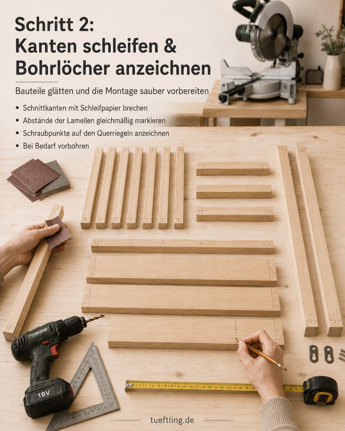 Kanten der Lamellen werden geschliffen und Bohrlöcher für das Wandregal mit vertikalen Lamellen angezeichnet