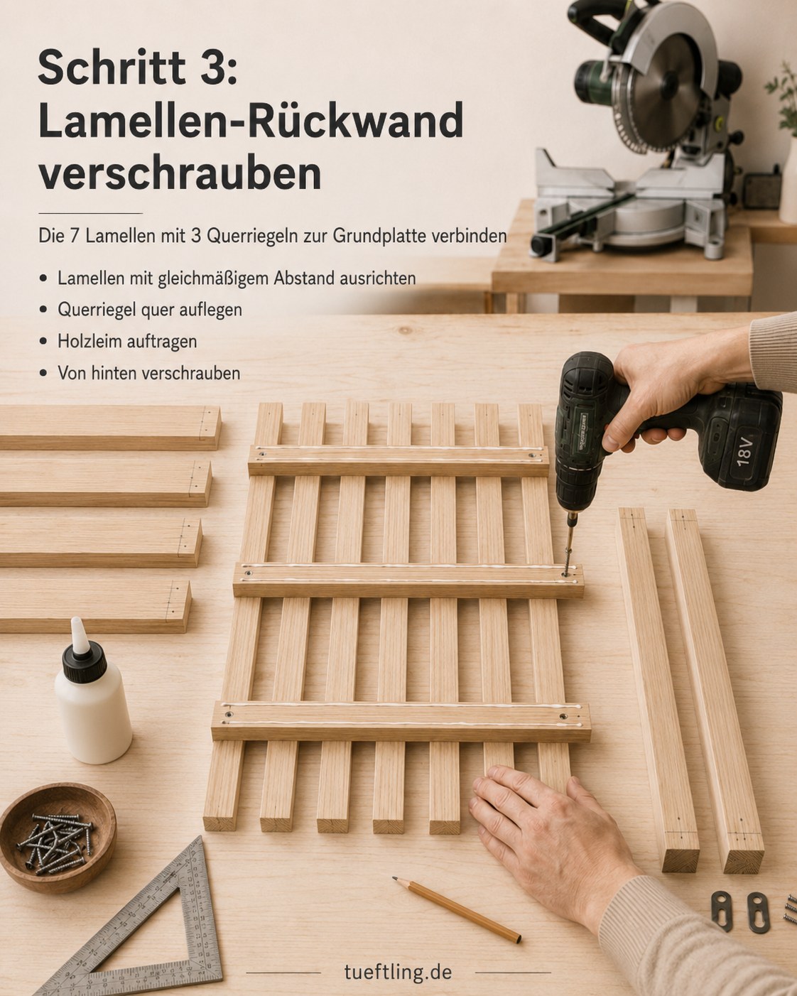 Sieben Lamellen werden mit drei Querriegeln zur Rückwand des Dachlatten-Wandregals verschraubt