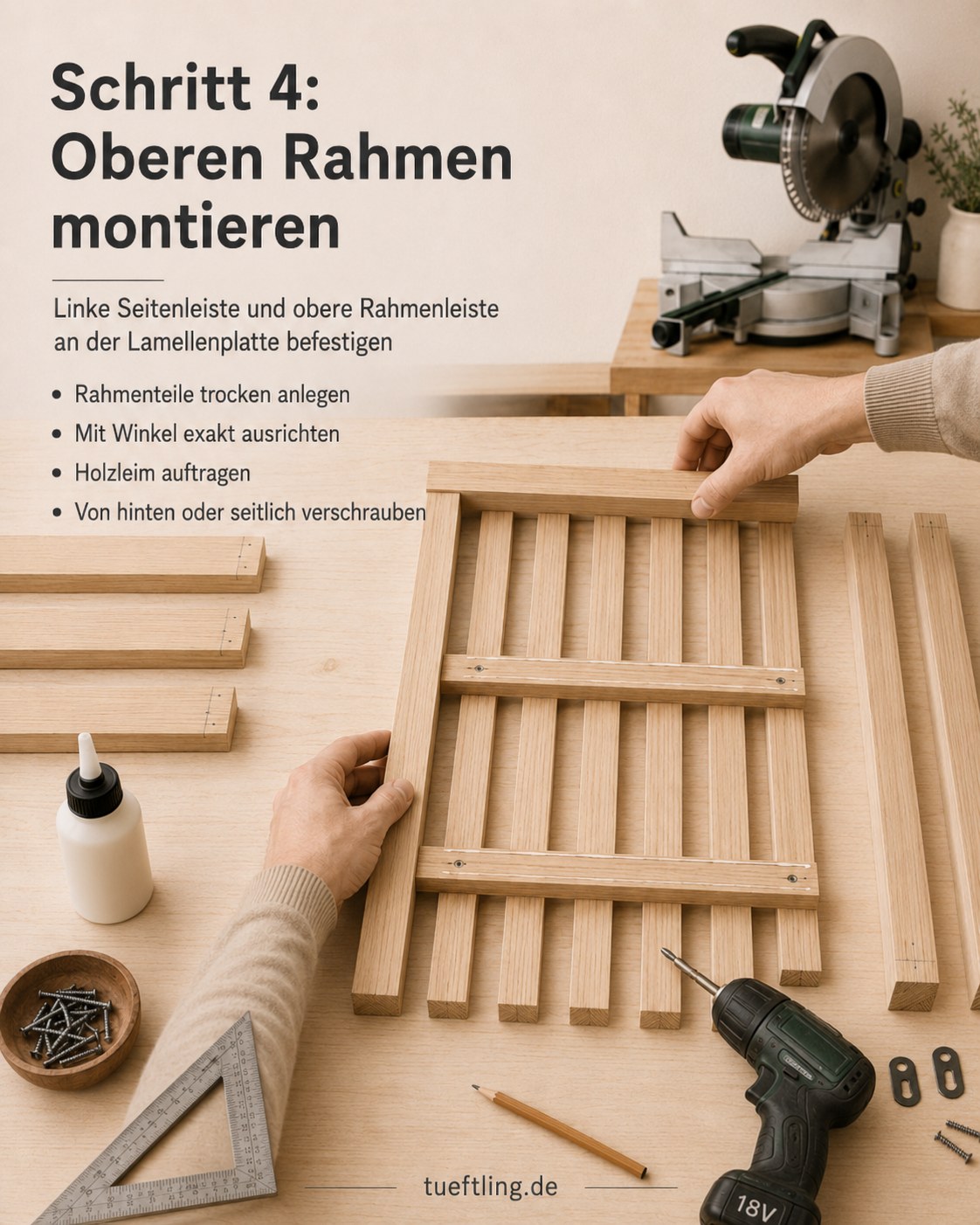 Linke Seitenleiste und obere Rahmenleiste werden an der Lamellenplatte des Wandregals befestigt