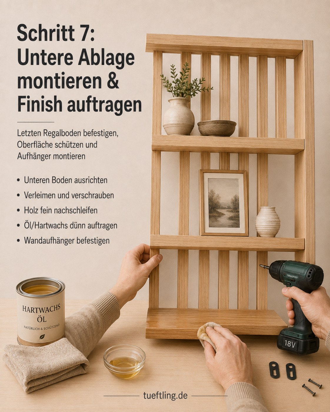 Der untere Regalboden wird montiert und Hartwachsöl auf das fertige Lamellenregal aufgetragen